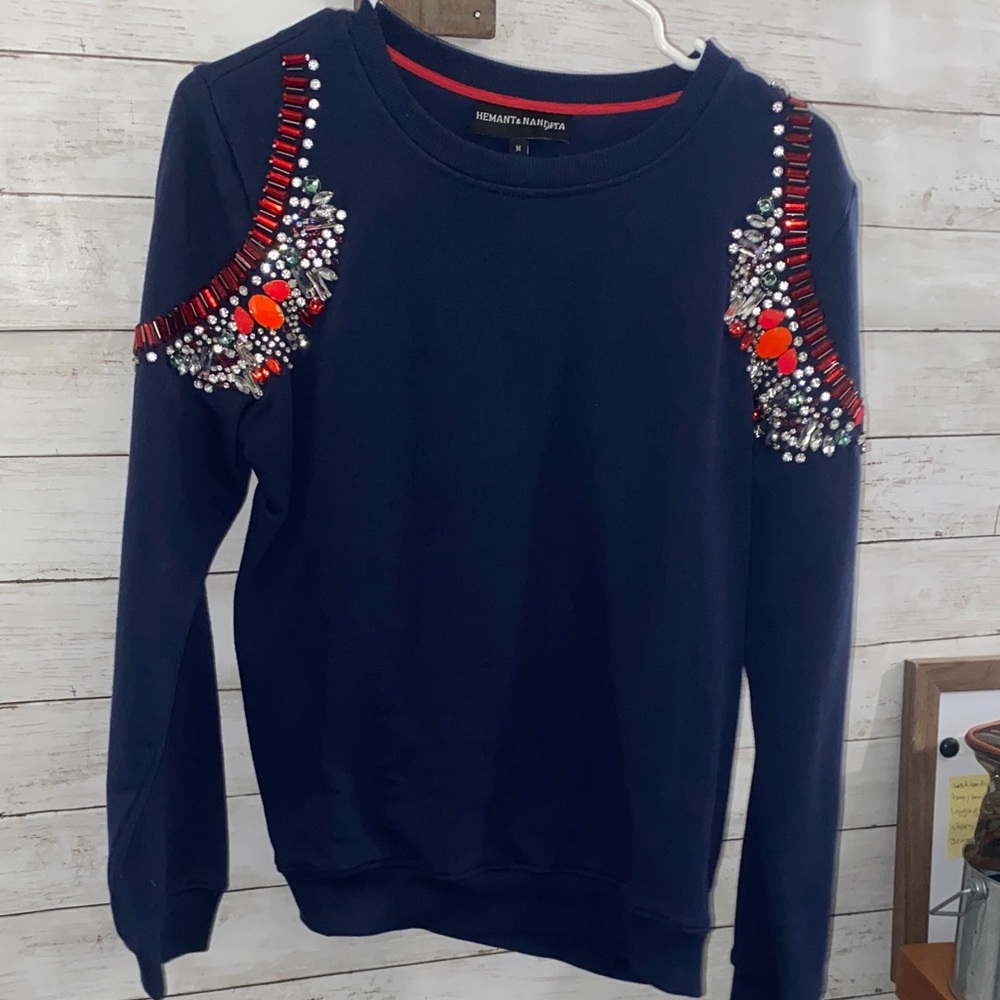 HEMANT & NANDITA Navy Embellished Crewneck Sweatshirt w/‎ Jewel Accents NWT❗️